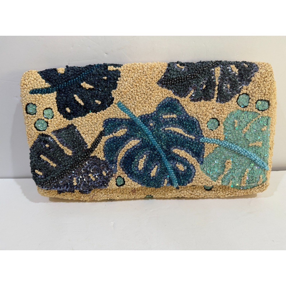 Tommy Bahama Small Blue White Beaded Handbag Purse Floral NWT